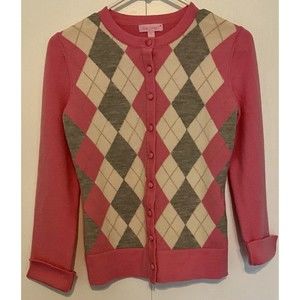 Lilly Pulitzer Pink Argyle Cardigan Button Up Sweater 100% Merino Wool Sz. Small